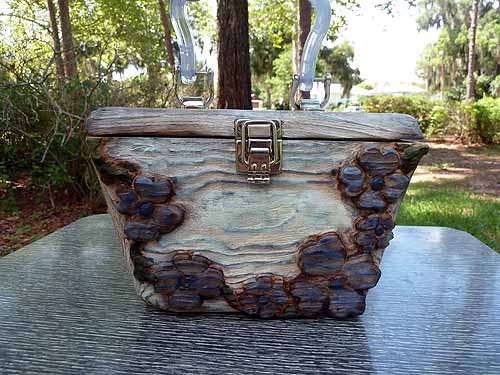 Hand Carved Wooden Box purse- Blue Flowers Romantic Retro Rockabilly