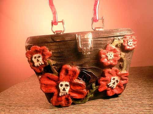 Hand Carved Wooden Box purse- Skull Flowers Rockabilly Goth Dark