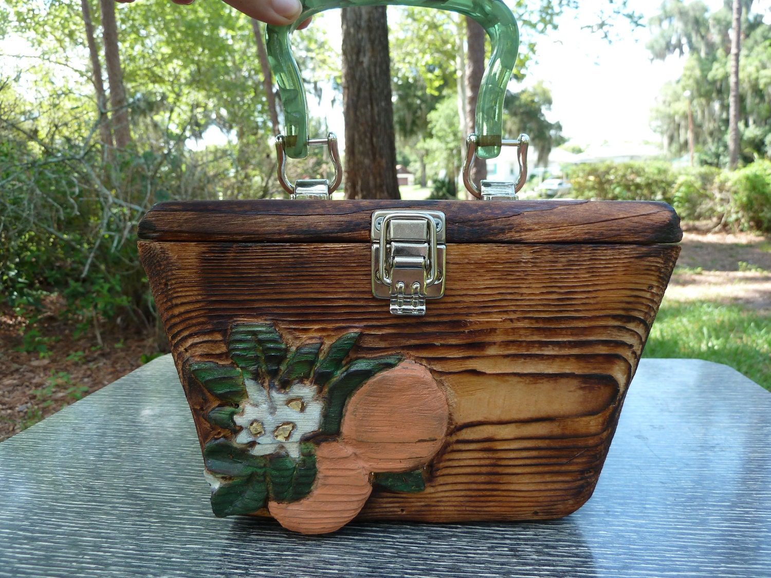 Handcarved Orange Blossom PURSE wood spring fresh rockabilly chic