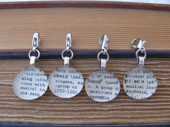Sing, Choir, Band or Piano Dictionary Word Clip-on Glass Gem Charm by Kristin Victoria Designs