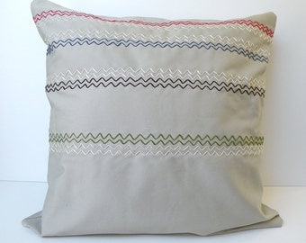 Khaki cotton pillow cover with embroidered chevron stripes removable with envelope back
