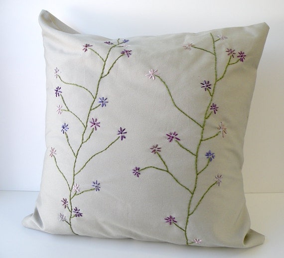 Khaki cotton pillow cover with purple embroidered flowers removable with envelope back
