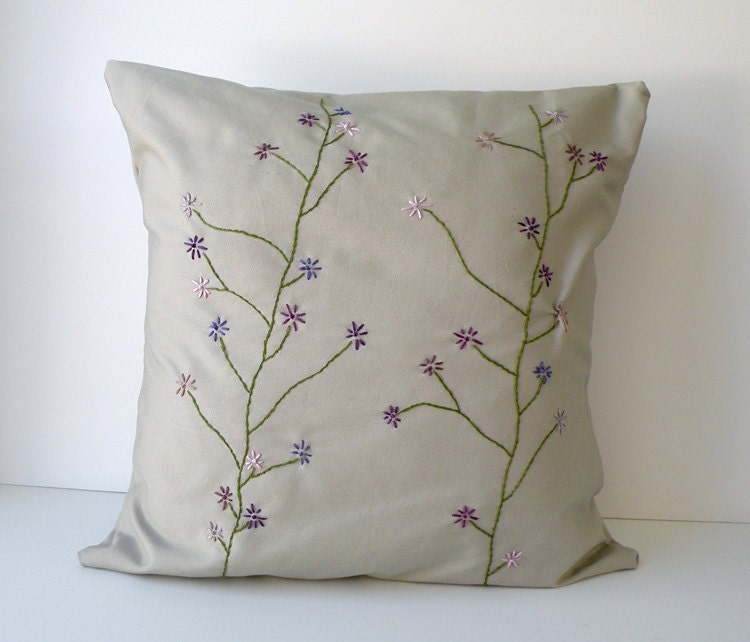 Khaki cotton pillow cover with purple embroidered flowers removable with envelope back