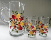 Pitcher and Glass Set hand painted with roses in burgundy, peach and ivory