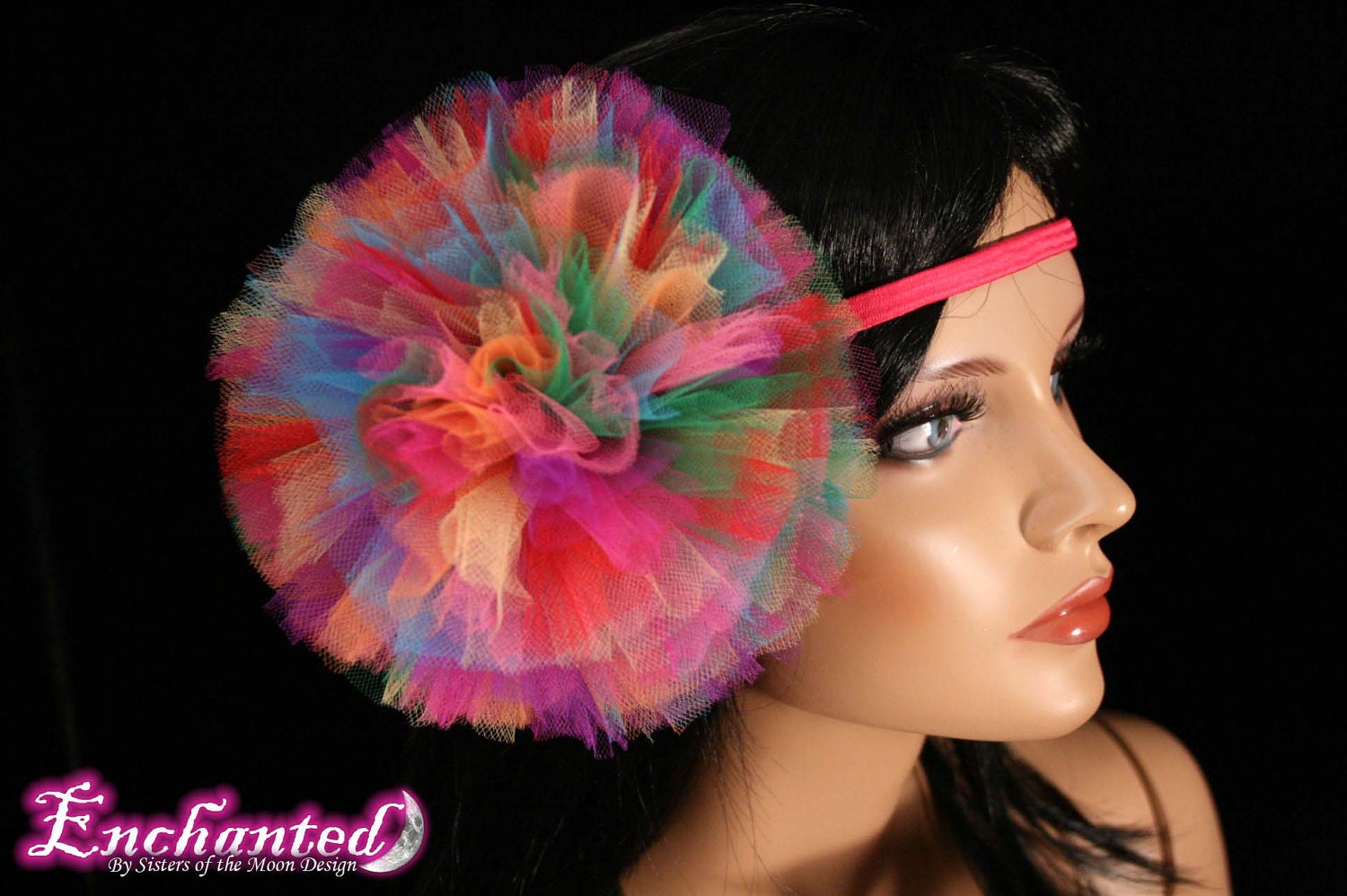 Rainbow tutu tulle hair bow pom pom perfect for children and adults -- Enchanted