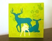 Whimsical Woodland Deer Family Painting, Teal Lime Green, 10 x 10 inch Original Acrylic on Canvas