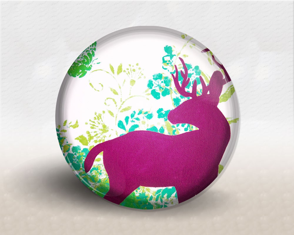 Pocket Mirror, woodland deer, flowers, pink green