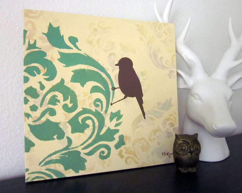 Bird Painting,Shabby French Country Decor, Cottage Chic Damask, 12 x 12 inch, Green Cream, Original Acrylic Painting