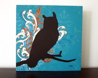 Owl Painting, Nursery Art, Wall Decor, Blue Orange Black, 12 x 12 Original Acrylic