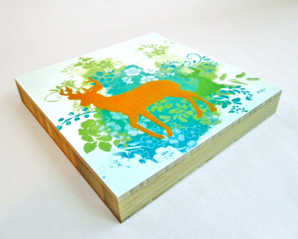 SALE Woodland Deer Print, Art Block, Mounted on bamboo, 5 x 5 inches