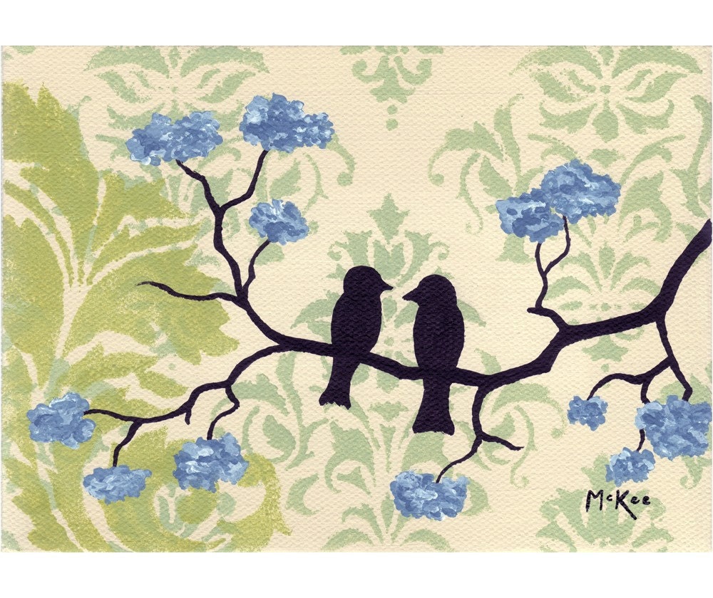 SALE Country Chic Love Birds 7 x 5 Print - Blue flowers, green damask