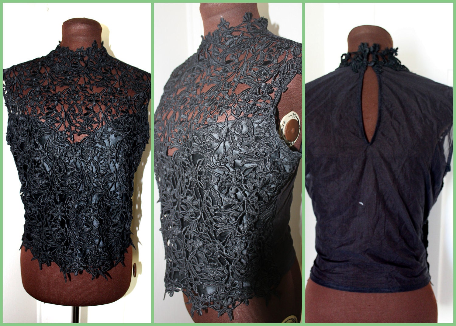 Vintage 1960s Black Sheer & Embroidered Floral - Victorian Style Cropped Blouse