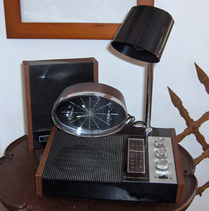 1960s Longines Symphonette Clock Radio Lamp w/ Rare Satellite Speaker