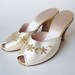 Vintage 30s 40s Daniel Green Embroidered Off White Cream Satin Peep Toe Bridal Slipeprs Wedding Day Boudoir Mules High Heels 5