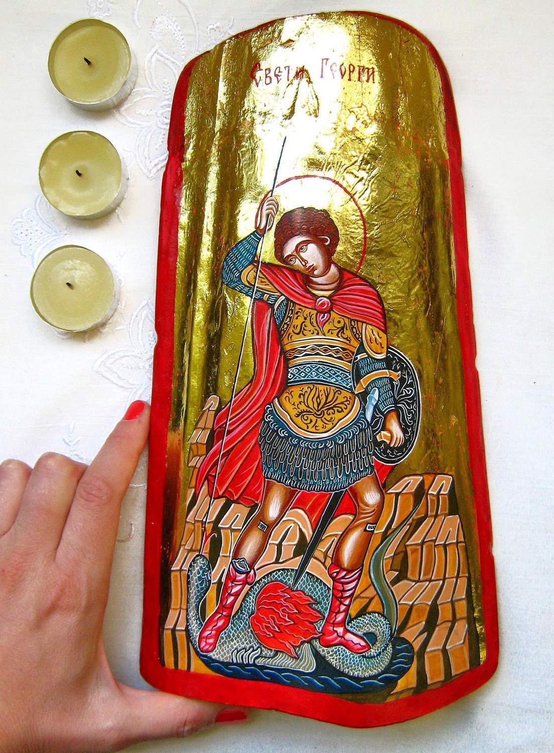 Saint George fighting the Dragon, St Georgi- original orthodox style icon, handpainted on ceramic tile,11.5 x 6 inches