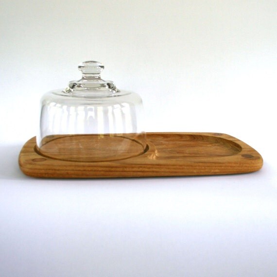 Vintage Glass Dome Cloche with Wood Serving Tray. by RhapsodyAttic