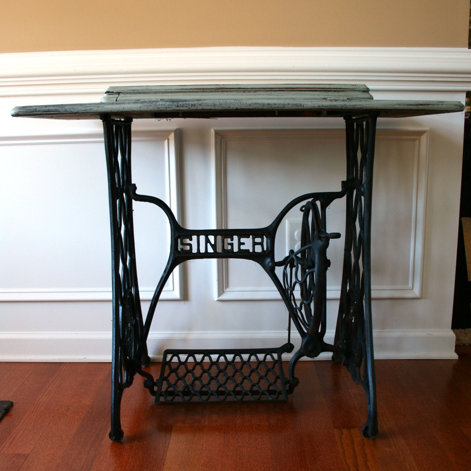 SALE. Sewing Machine Table. Cottage Chic Beach House. Grey Blue Entryway. School Desk. Singer Treadle. Farmhouse Rustic. Industrial.