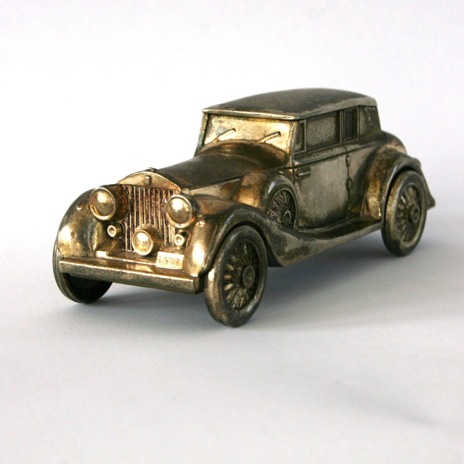 Vintage Toy Car Coin Bank Silver Metal Childrens Home Decor Nursery Decor. Old Antique Car.