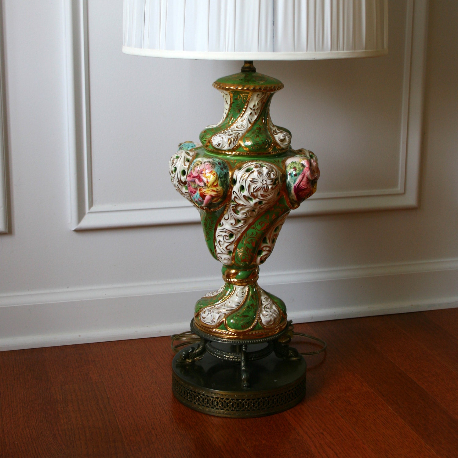 Antique Capodimonte Lamp. Boudoir Lamp. Italian Lamp. Antique Lighting. Green White Gold. Pierced Lamp. Handpainted. Lampshade.