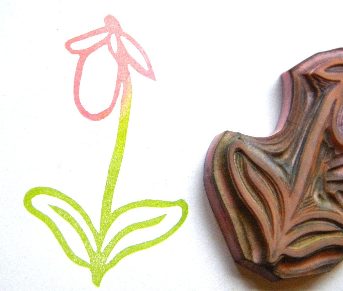 Lady slipper hand carved rubber stamp