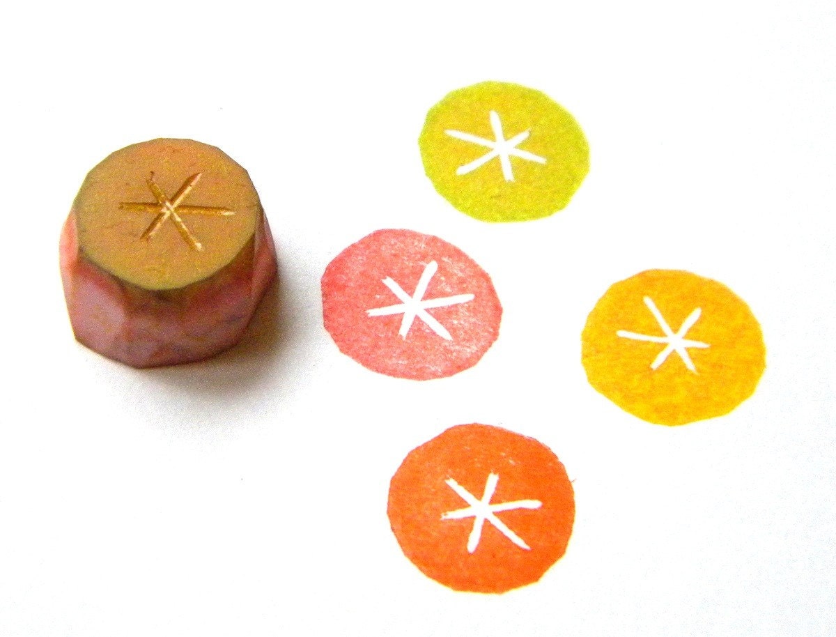 Small circle hand carved rubber stamp with five design options