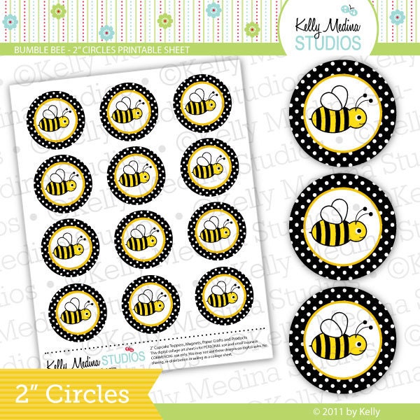 Bumble Bee - Black - 2 inch Circle Digital Collage Sheet - Commercial use for Cupcake Toppers, Magnets, Paper Crafts and Products