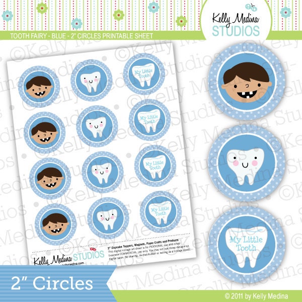 Tooth Fairy Blue - 2 inch Circle Digital Sheet - Commercial use for Cupcake Toppers, Magnets, Paper Crafts and Products