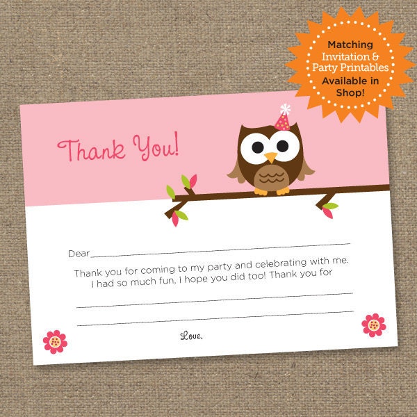 Owl Birthday Note Thank You Card - Pink - Printable Digital Fill In The Blank Note Card - Personal Use Only