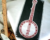 Tea Towel. Banjo. Red and Gray. Hand Screen Printed.