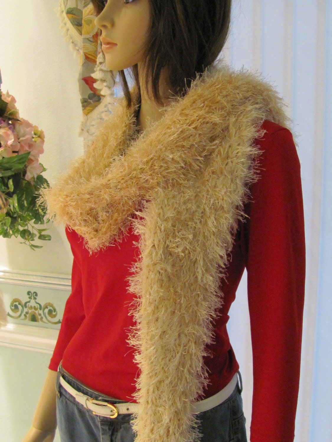 Two tone champagne beige, boa /scarfhand knitted, extra long, in eyelash yarn and wool