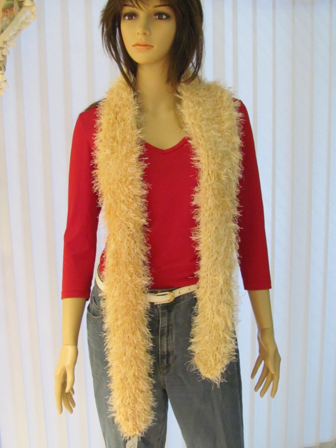 Two tone champagne beige, boa /scarfhand knitted, extra long, in eyelash yarn and wool