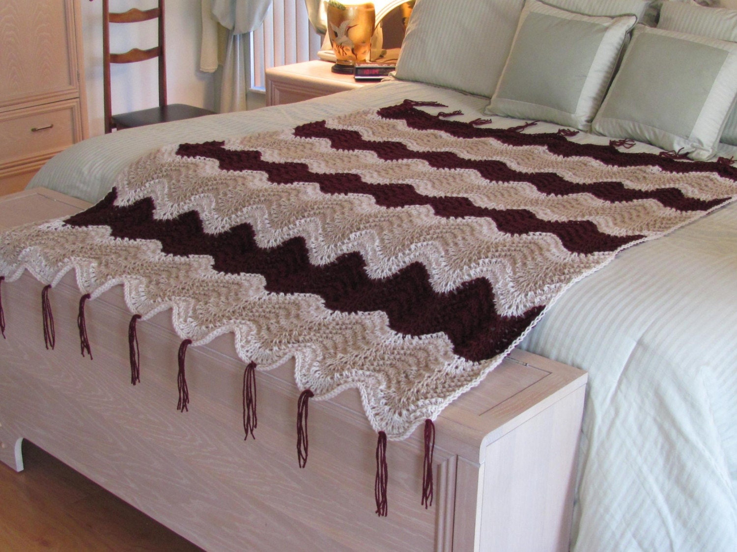 Afghan, hand knitted, for Bedroom, Couch Size, Traditional, in beige, claret red and ivory and brown yarn