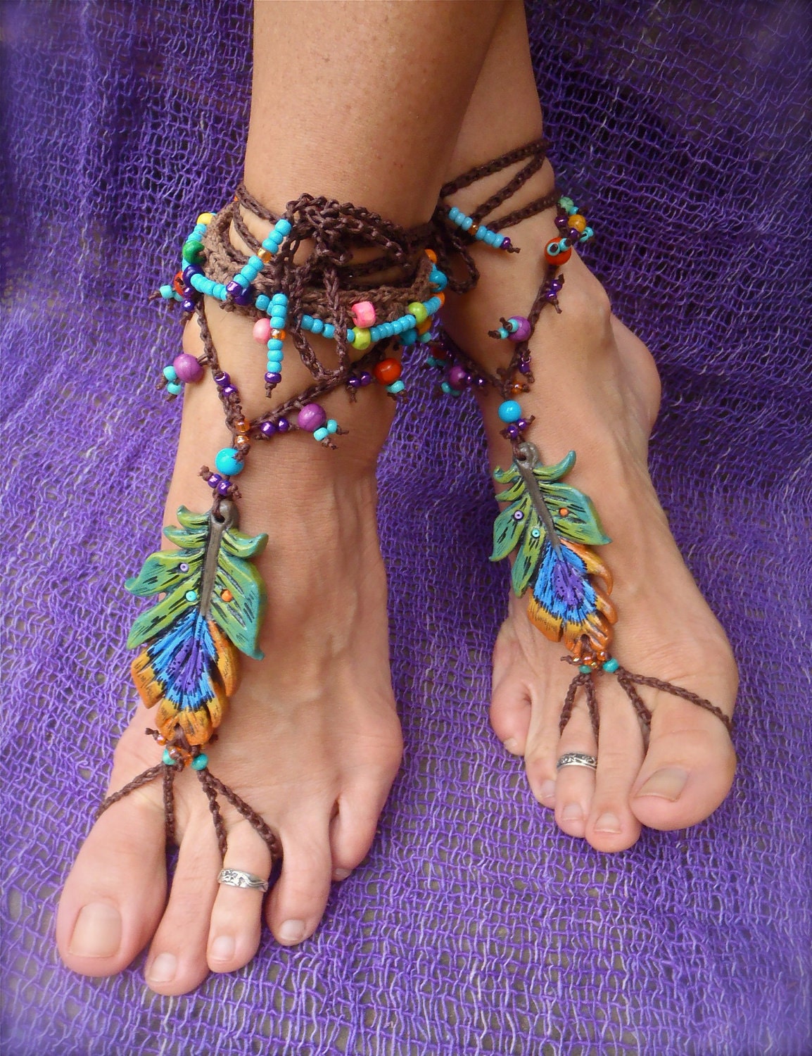 GYPSY BAREFOOT sandals PEACOCK feather bridal sandals made to order hippie hula hooping belly dance foot jewelry beach