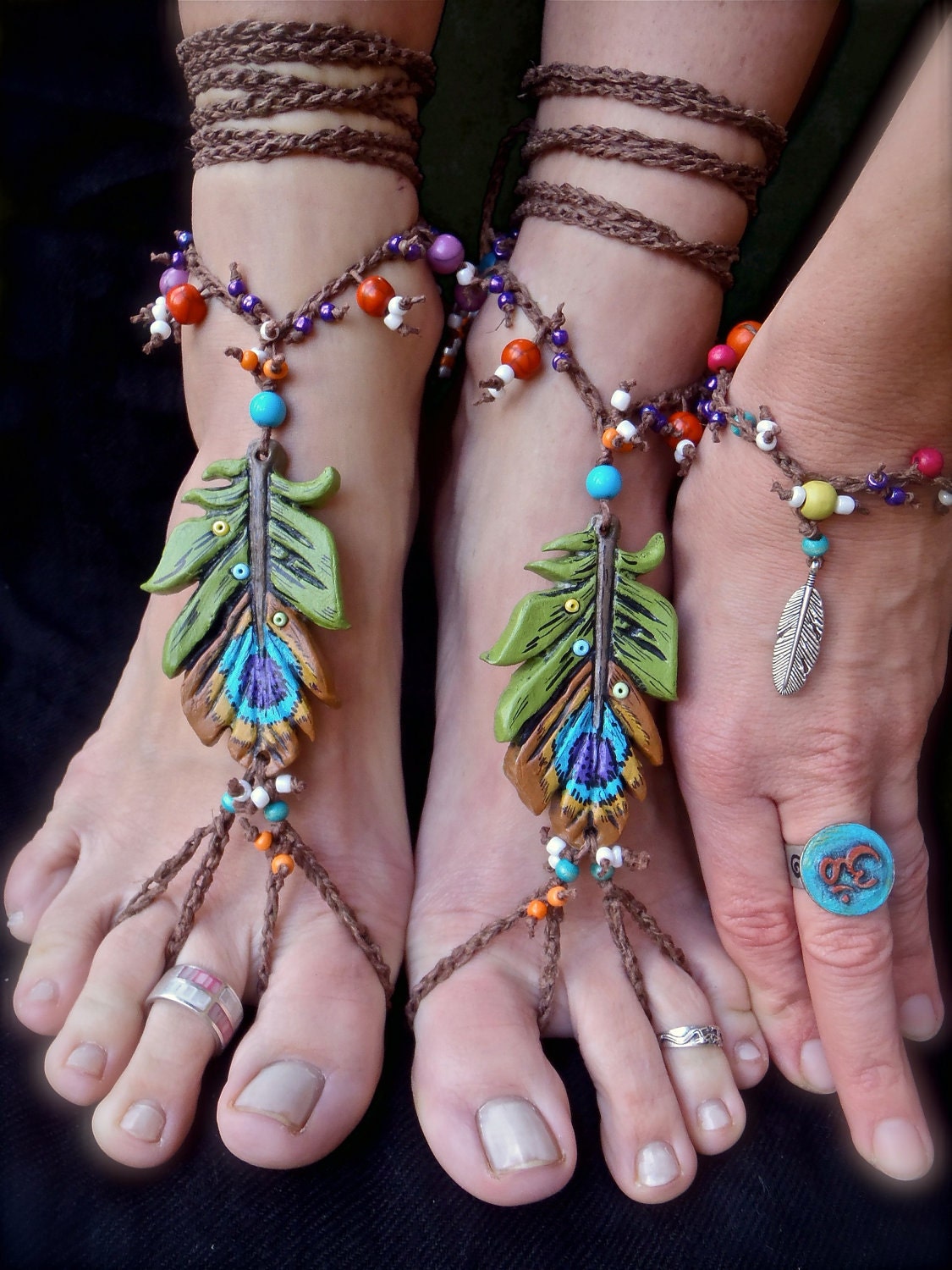 BOHEMIAN barefoot sandals PEACOCK FEATHER for many occasions made to order festival hippie hula hooping belly dance yoga