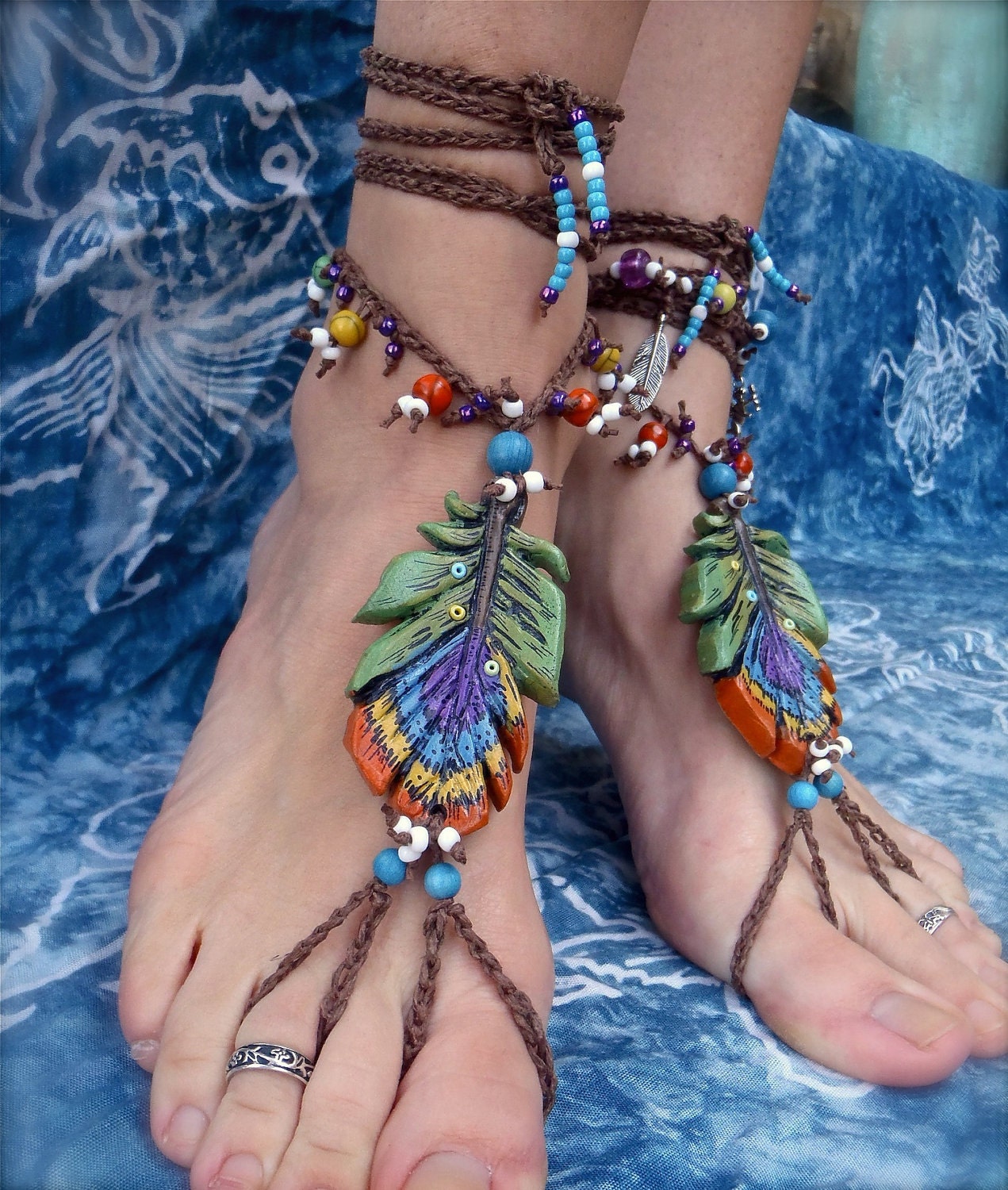 reserved for Pam GYPSY barefoot sandals PEACOCK feather for many occasions bridal sandals made to order hippie hula hooping belly dance