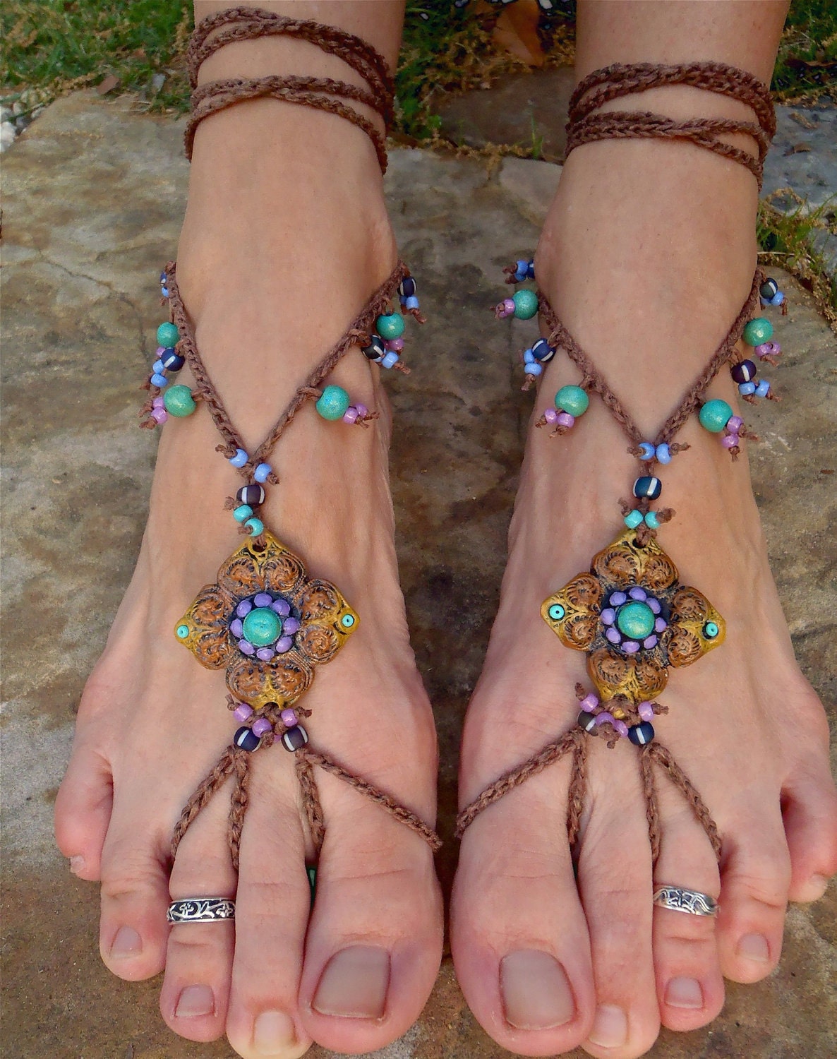 HULA HOOPING BAREFOOT sandals mustard yellow brown belly dance yoga beach sandals foot jewelry nude shoes made to order