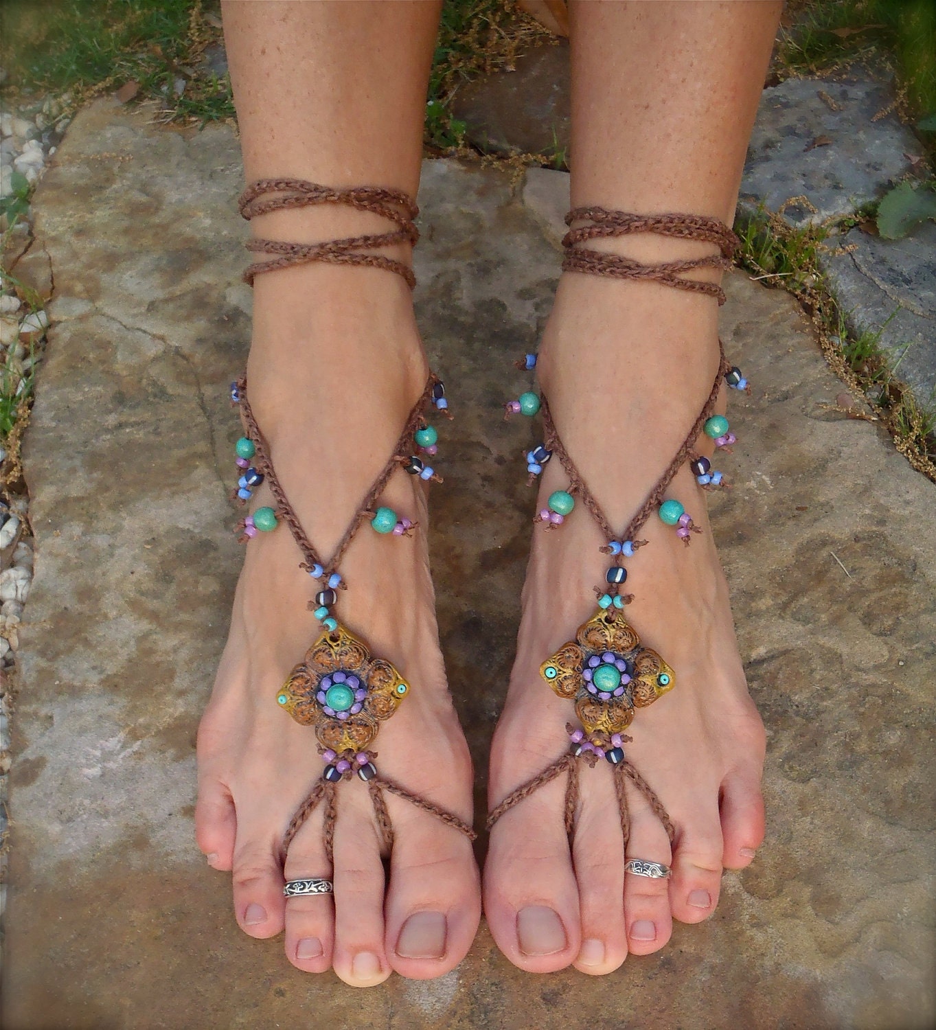 HULA HOOPING BAREFOOT sandals mustard yellow brown belly dance yoga beach sandals foot jewelry nude shoes made to order
