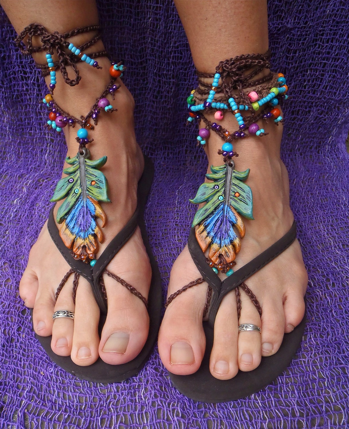 reserved GYPSY BAREFOOT sandals PEACOCK feather bridal sandals made to order hippie hula hooping belly dance foot jewelry beach