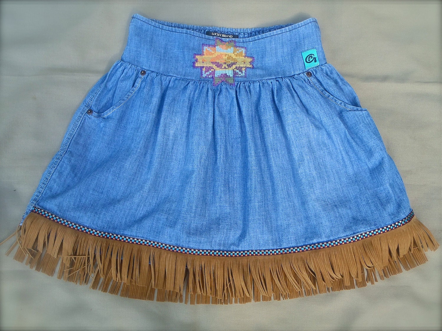NATIVE american indian SKIRT aztec leather fringe denim skirt BOHEMIAN upcycled hippie women size s/m