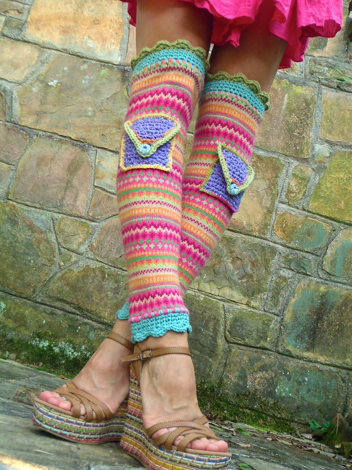 funky URBAN ROMANCE colorful leg WARMERS with pockets hippie bohemian up cycled unique eco friendly