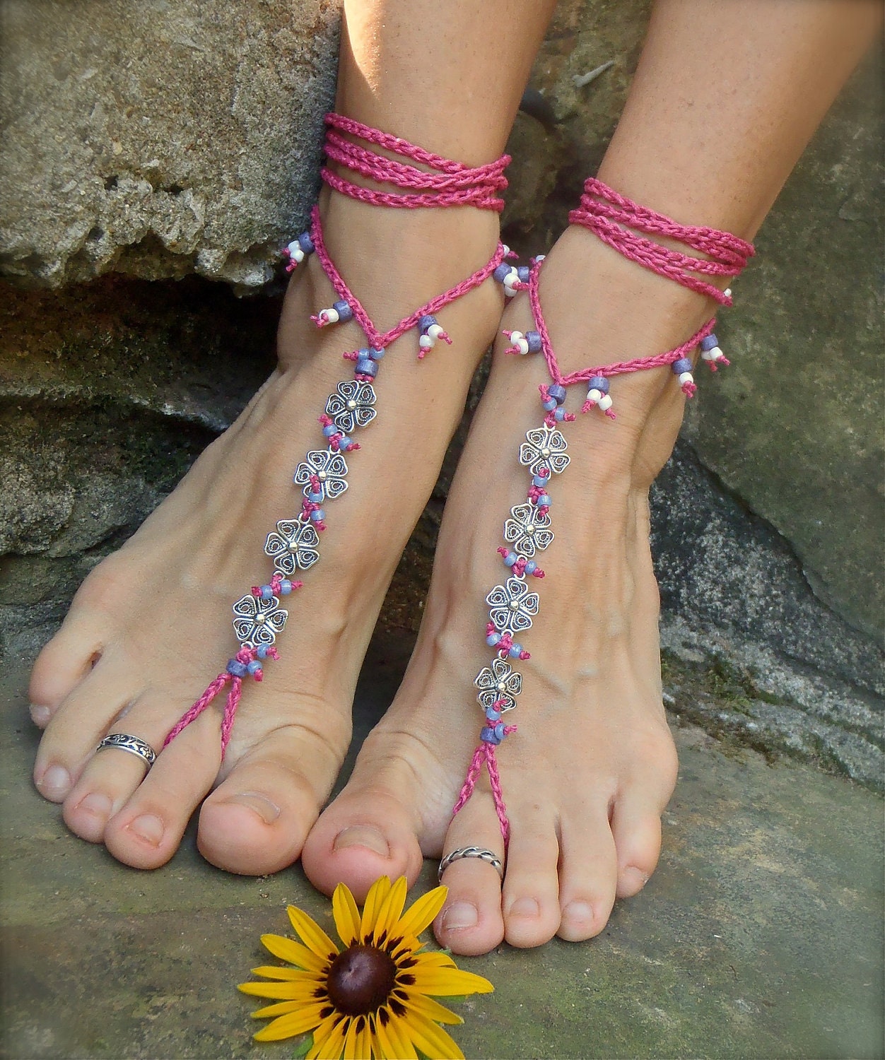 BRIDAL BAREFOOT SANDALS hot pink blueberry lilac filigree flowers crochet foot jewelry gypsy hippie slave anklet fuchsia Beach Wedding