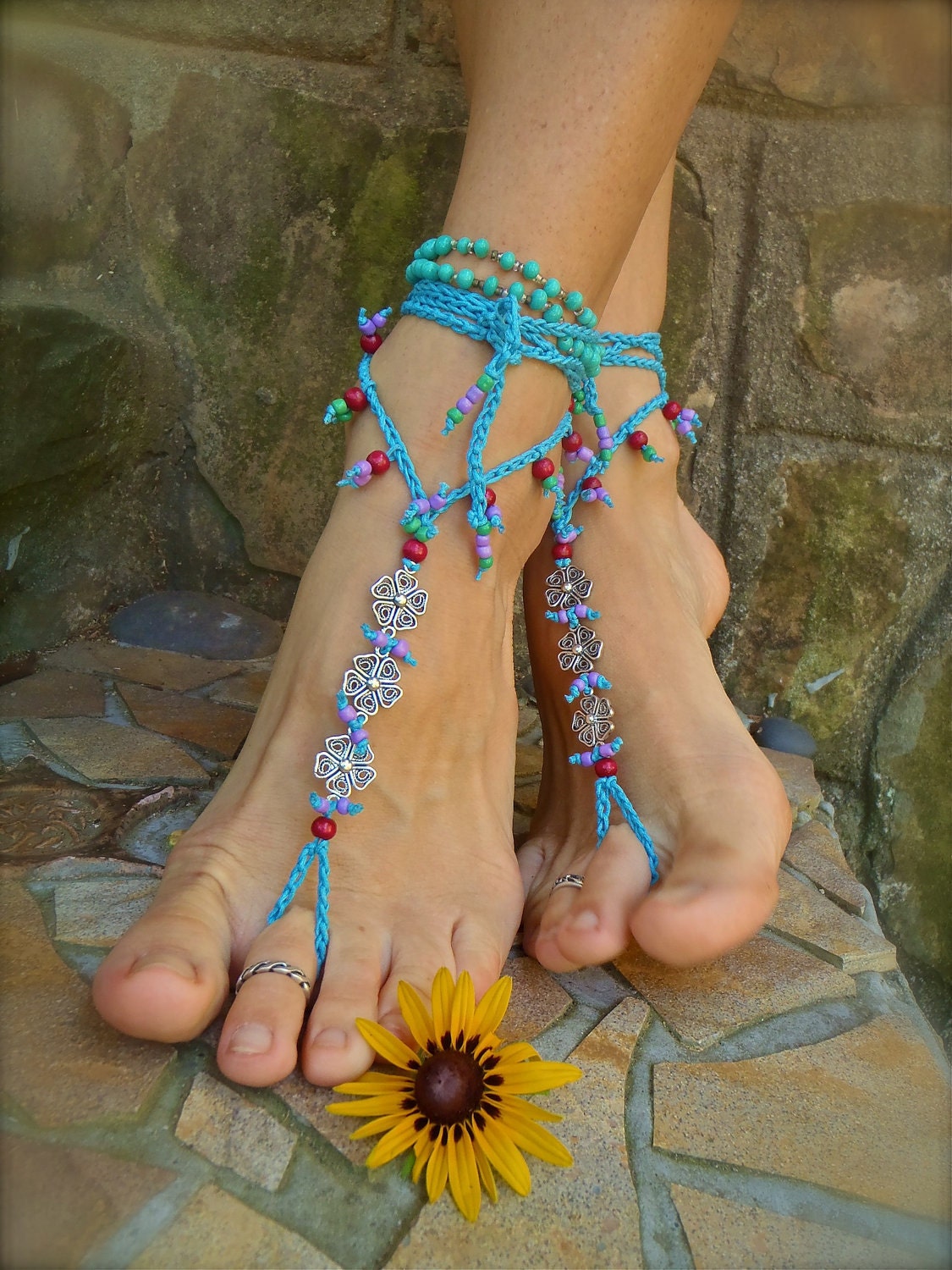 reserved BRIDAL BAREFOOT SANDALS blue magenta purple filigree flowers hand made foot jewelry gypsy hippie slave anklet