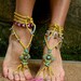 variegated PEA GREEN BAREFOOT sandals yellow crochet beaded sole less shoes beach wedding, bohemian gypsy shoes, photo shoot props
