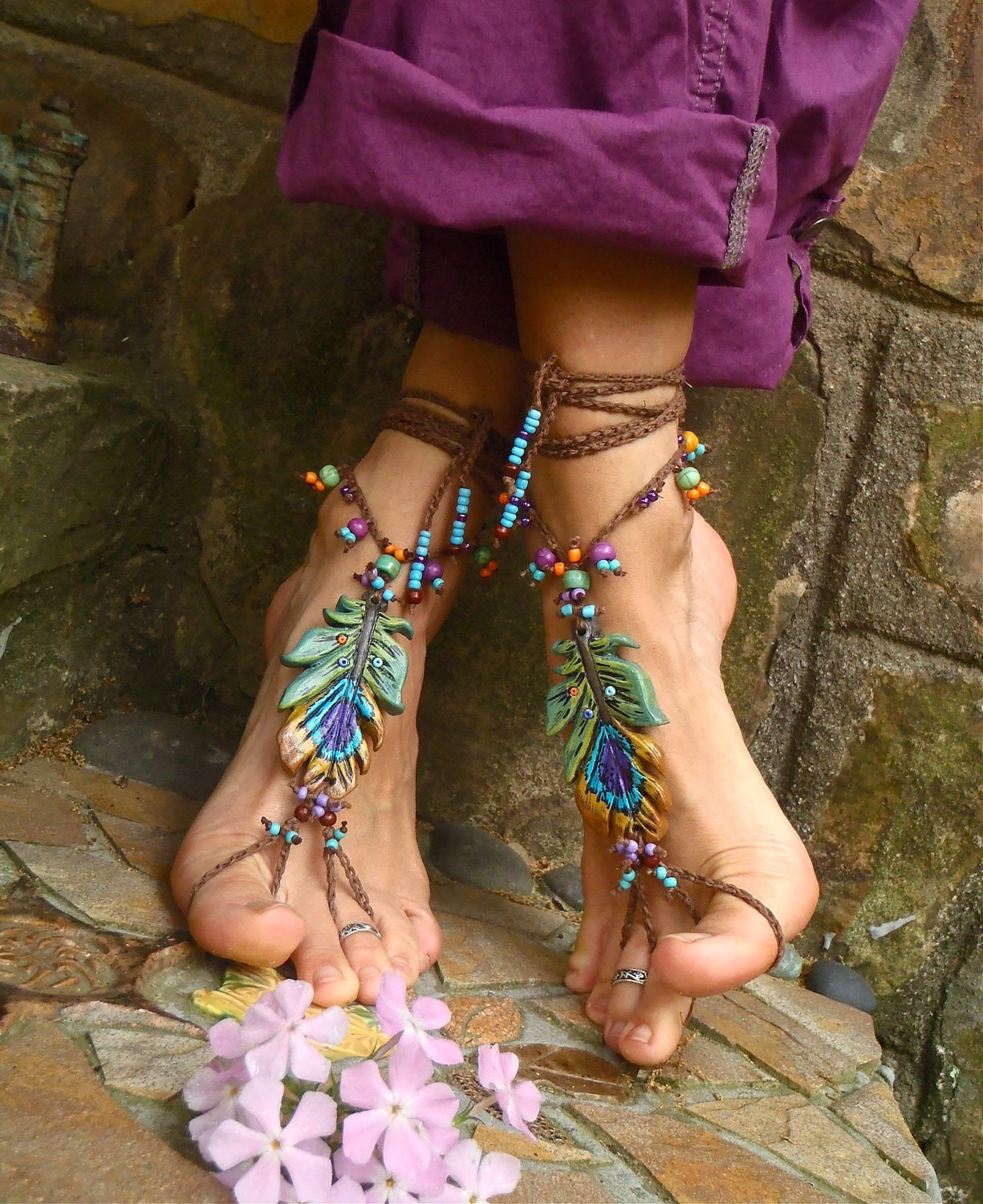 PEACOCK BAREFOOT sandals peacock feather bridal sandals by GPyoga