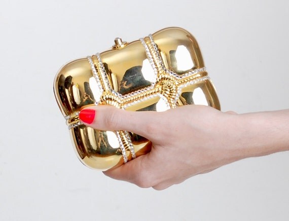 Vintage 90s Gold Metal Crystal Quilted Evening Bag Clutch Purse