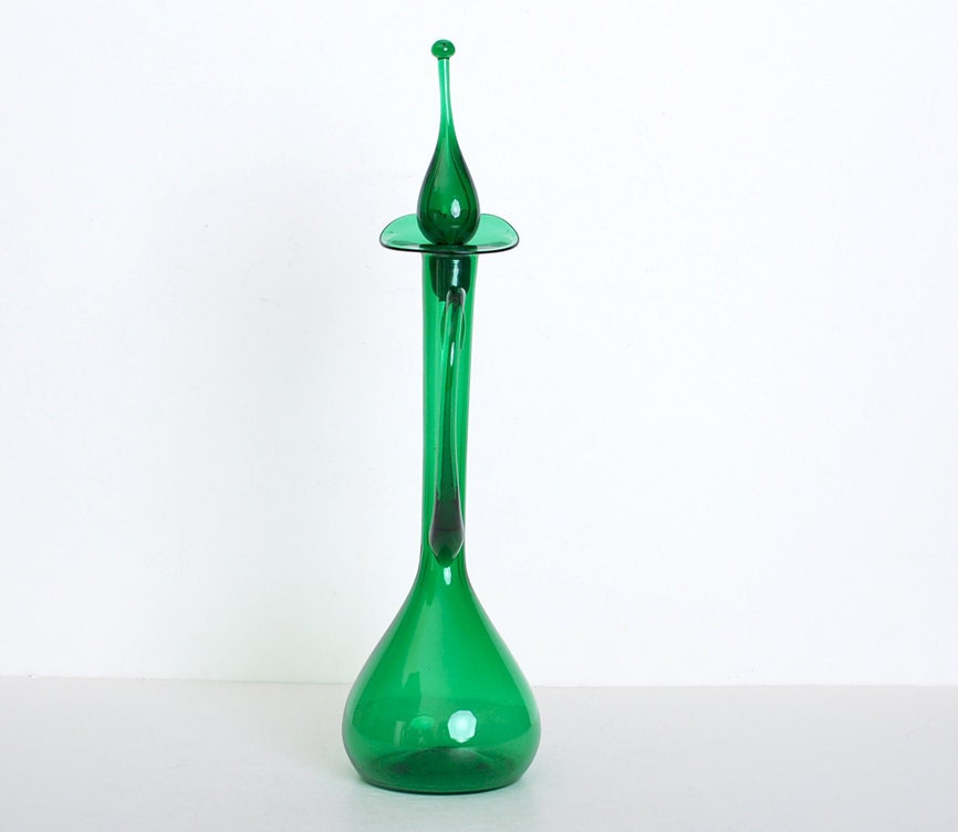 Vintage 60s MOD Green Blown Glass Decanter