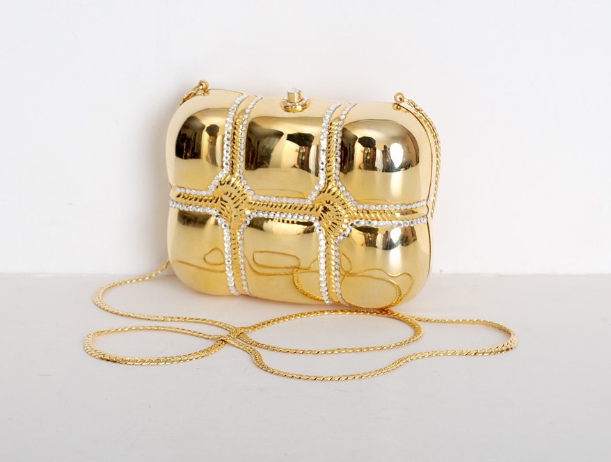 Vintage 90s Gold Metal Crystal Quilted Evening Bag Clutch Purse