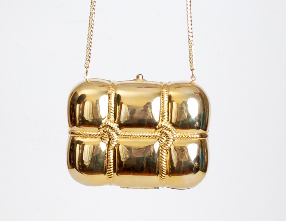 Vintage 90s Gold Metal Crystal Quilted Evening Bag Clutch Purse