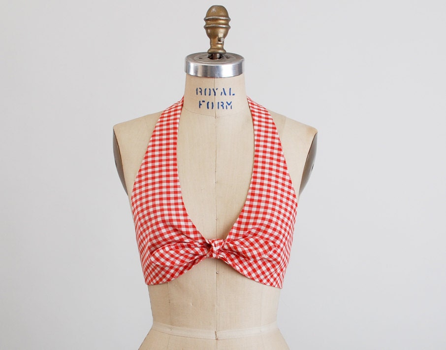 Vintage 70s Red & White Gingham Halter Bikini Top