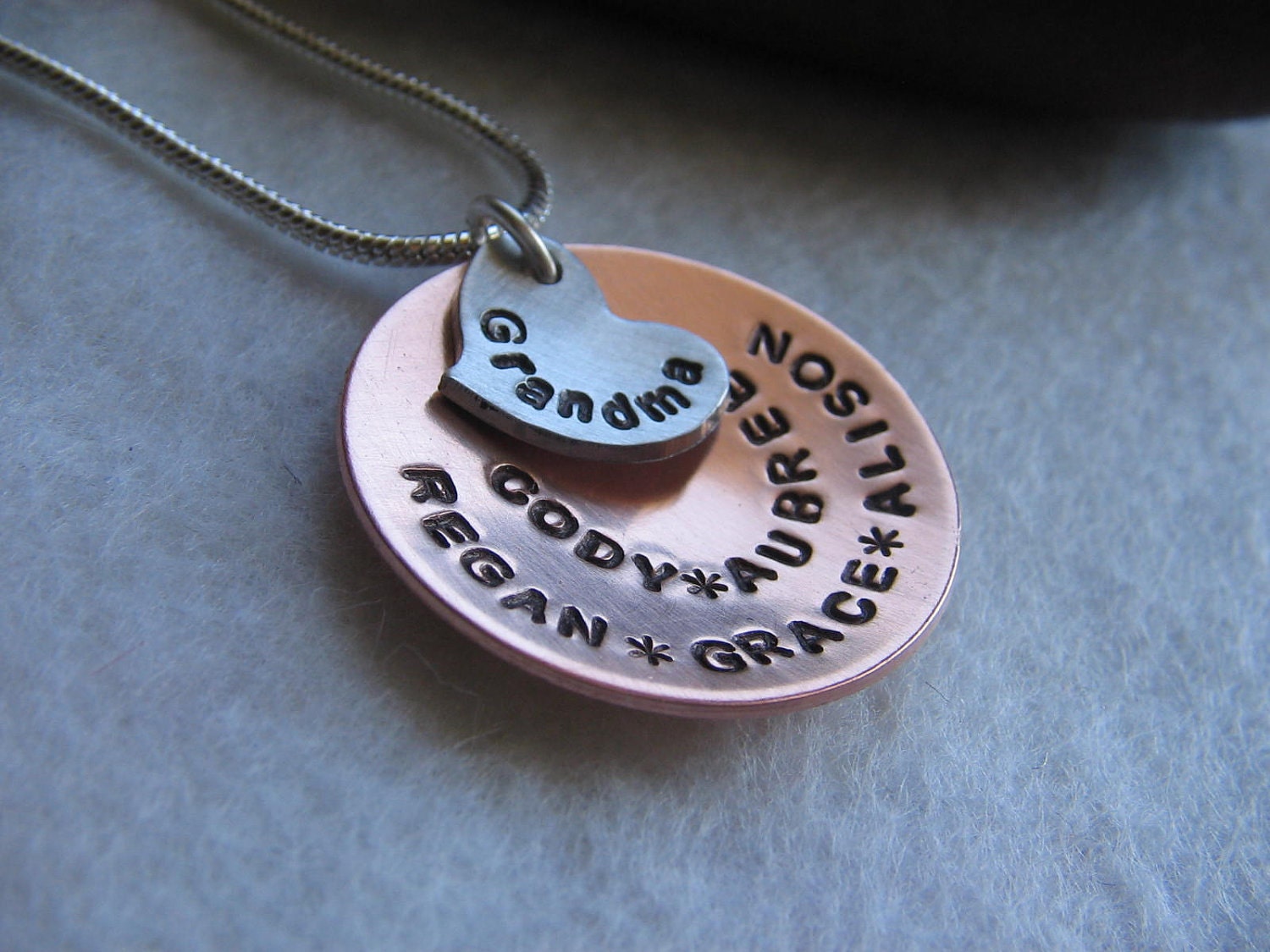 Copper -Family - Necklace (Choose Grandma, Mom, Mommy, Nana, ect. for the heart) and Childrens names around copper disc